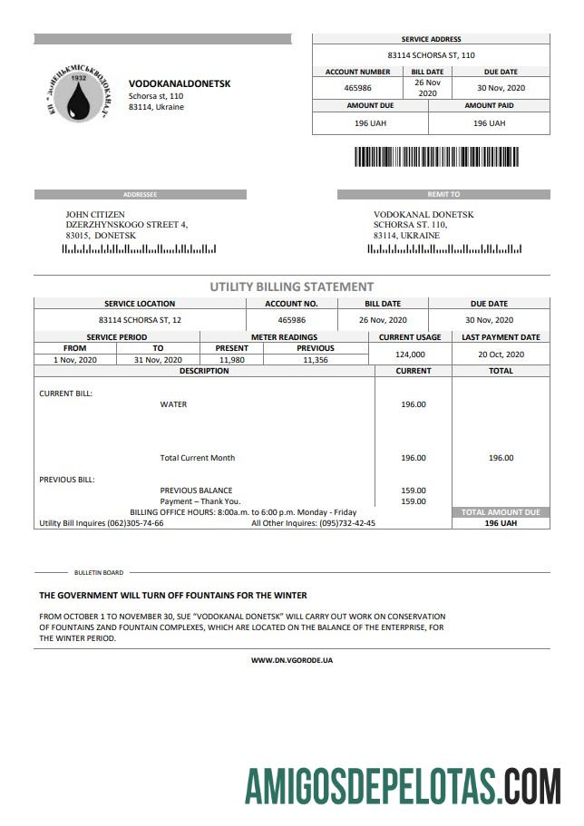 Em branco modelo de conta de serviços públicos da Ucrânia Vodokanal Donetsk em formato Word e PDF